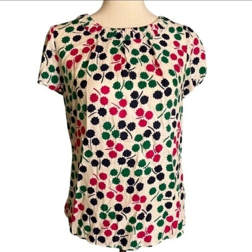 Boden Short Sleeve Blouse Pink Navy Green Floral Print Sz 2 Gathered Neckline